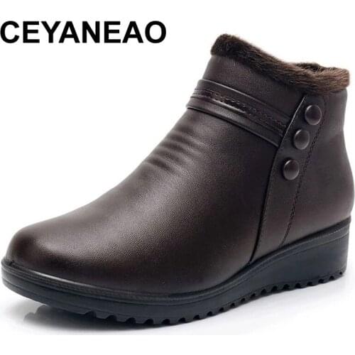 CEYANEAO New Fashion Winter Warm Plush Fleece Ankle Boots Women Shoes Wedge Short Boots Comfy Shoes Big Size 42 Black Round Toe
