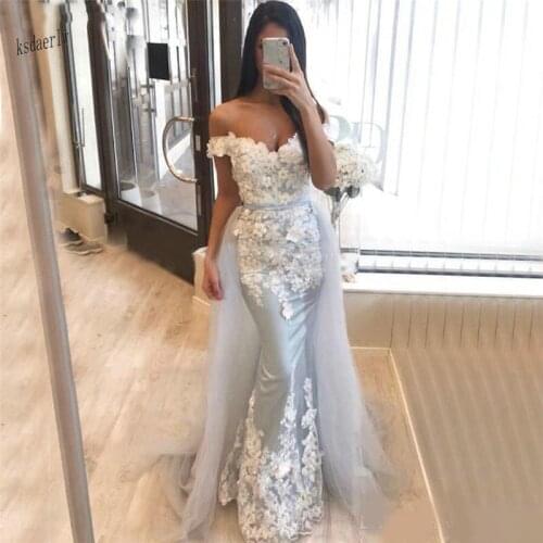 Graceful Mermaid Beaded Prom Dresses With Detachable Train Off The Shoulder 3D Appliqued Formal Dress Court Train Satin Evening