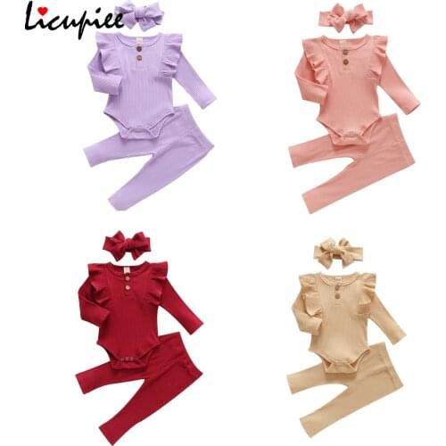 Newborn Baby Girls Long-sleeved Bodysuit Trousers + Headband Ruffle Simple Solid Color Spring Autumn Clothing 0-24 Months
