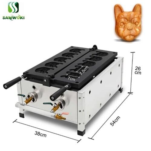 Commercial gas dog head shape taiyaki making machine 5pcs non-stick bulldog head waffle iron maker dog waffle baker machine