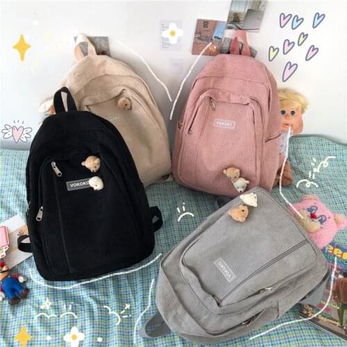 2021 Stripe Cute Corduroy Woman Backpack Schoolbag For Teenage Girls Luxury Harajuku Female Fashion Bag Student Lady Book Pack