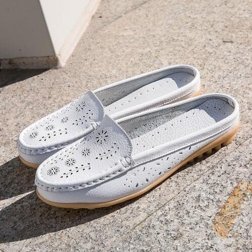 Flats Womens Shoes Summer Genuine Leather Moccasins Women Loafers Cut-outs Closed-toe Slippers Casual Shoes Woman Sandals