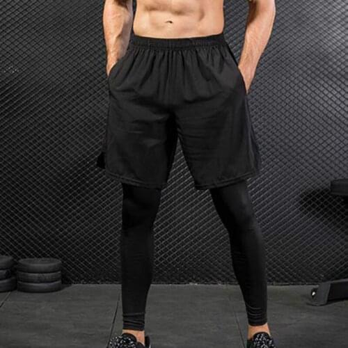 Mens leggings fake two pieces fitness sports running training pants & leggings together casual stretch quick-drying pants 7010