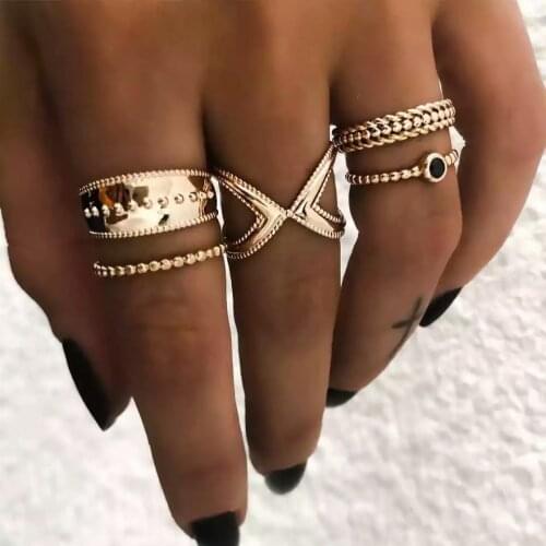 UAM Vintage Fashion Gold Color Ring Set For Women Black Crystal CZ Knuckle Midi Finger Rings Jewelry Bague Homme Jewelry Gifts
