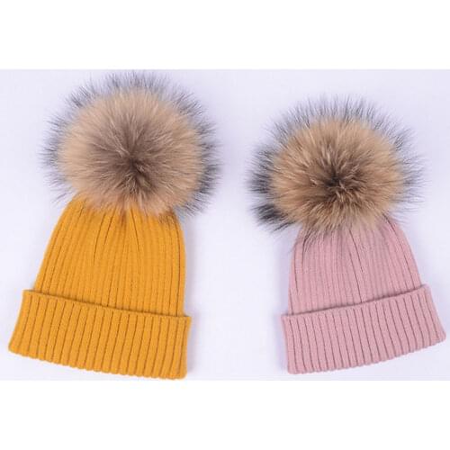 Solid Womens Hat With Natural Mink Fur Ball PomPoms Wool Beanie For Kids Parent-child Knitted Hat Warm Soft Knitted Winter Hat