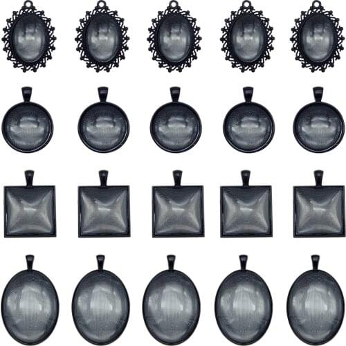 4Sets Black Flower Necklace Pendant Jewelry Making Tone Alloy Oval RoundRectangle Cameo Setting Tray And Glass Picture Pendant