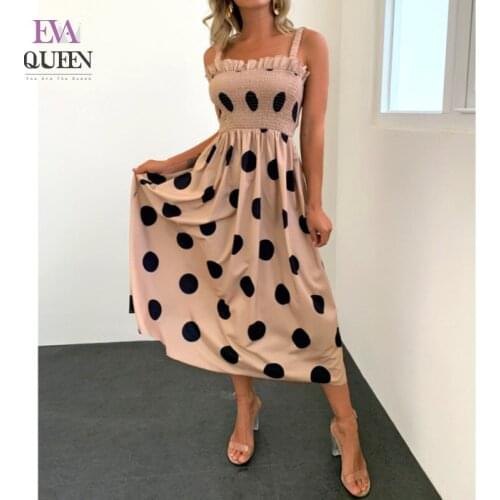 EvaQueen Lace Up Spaghetti Strap Midi Dress Women Ruched High Waist Holiday Loose Dresses Polka Dot Soft Casual Date Vestidos