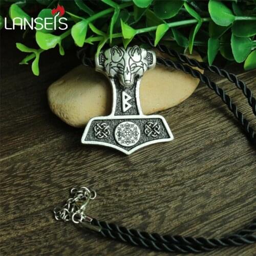 Lanseis10pc wholesale norse odins wolf Thor Hammer pendant viking Norway valknut symbol necklace men pendant Amulets jewelry