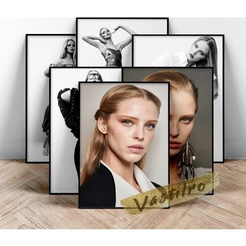 Abby Champion Model Poster, Long Hair Beautiful Girl Portrait Prints, Black White Elegant Goddess Wall Painting, Fans Collect