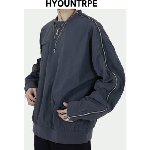 Mens Hip Hop Streetwear Side Zipper Open Pullovers New Casual Long Sleeve O-neck Harajuku Pocket Tops Pullover Men Loose Tops