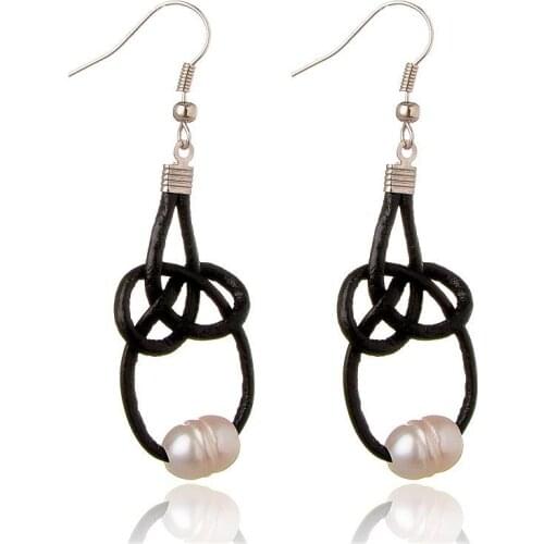 Freshwater Pearl Beads Dangle Earrings For Women Earring Seashell with Cowhide Leather Cord Braided, 45mm