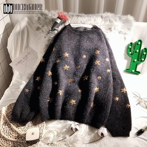 Duckwaver Mohair Sequins Star Women Sweaters Long Sleeve Black White Fashion Pullover Female Thick Autumn Winter Jumper Korean