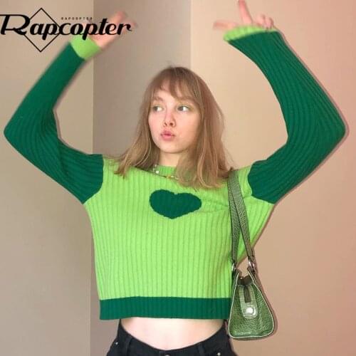 Rapcopte Heart y2k Sweaters Patchwork Knitted Jumpers Long Sleeve O Neck Knitwear Vintage Cute Cropped Pullovers Women Autumn