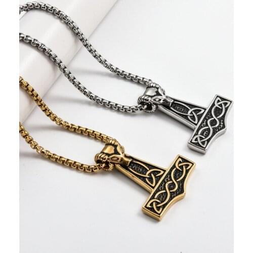 Vintage Viking Thors Hammer Pendant Necklace Men Stainless Steel Celtics Knot mjolnir Norse Viking Necklace Punk Biker Jewelry