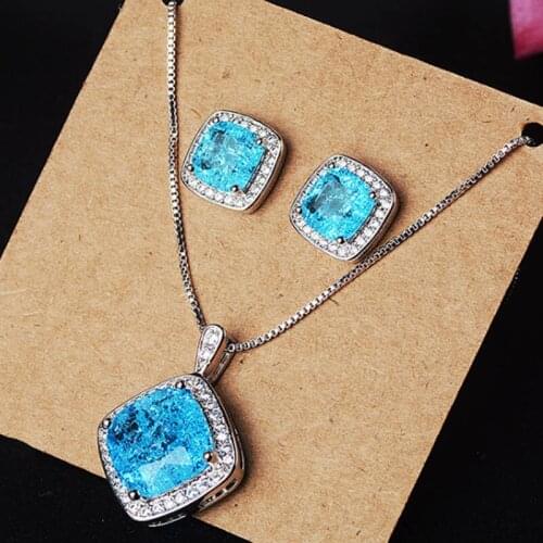 Zlxgirl jewelry luxury brand AAA blue opal cubic zircon womens wedding pendant and earrings jewelry rhodium silver necklace