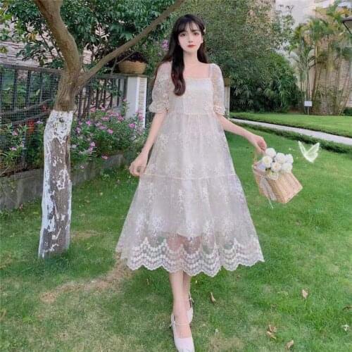 Sannian Women Dress Sweet Lace Floral Dresses Ladies Clothes Summer 2021 New French Temperament Long Dresses Girls Clothing