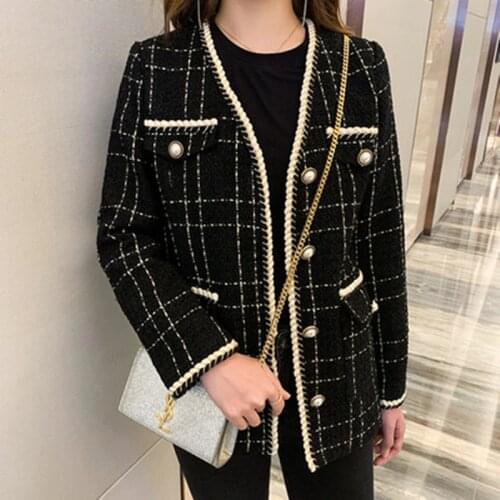 Autumn Winter Tweed Coat 2020 Fashion Womens Small Fragrance Long Sleeve Wool Coat Vintage Cardigan Short Black Woolen Jacket