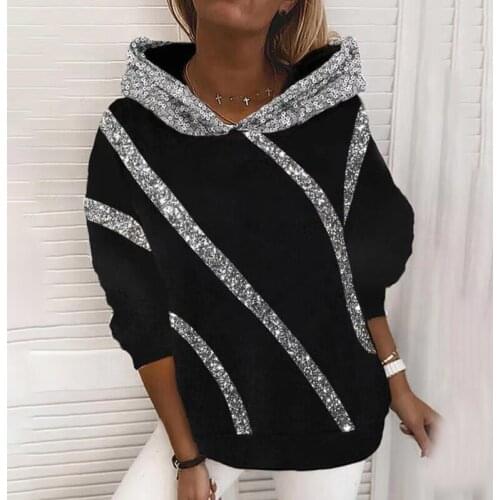 2021 New Sping Autumn Striped Hooded Sweatshirts Women Casual Loose Long Sleeve Sequin Pullover Tops Elegant Fashion Harajuku