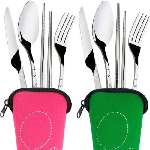 3Pcs/4 Pcs/Set Stainless Steel Outdoor Travel Camping Portable Set Fork Spoon Chopsticks Outdoor Camping Cutlery Bag Sets