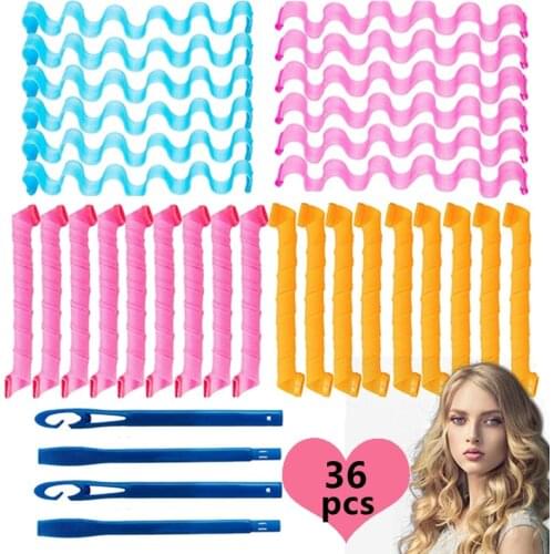 36 PCS 55cm Magic Curler Heatless curls 18 Spiral Styling Curlers +18 Water Ripple Hair Rollers( With Hooks )