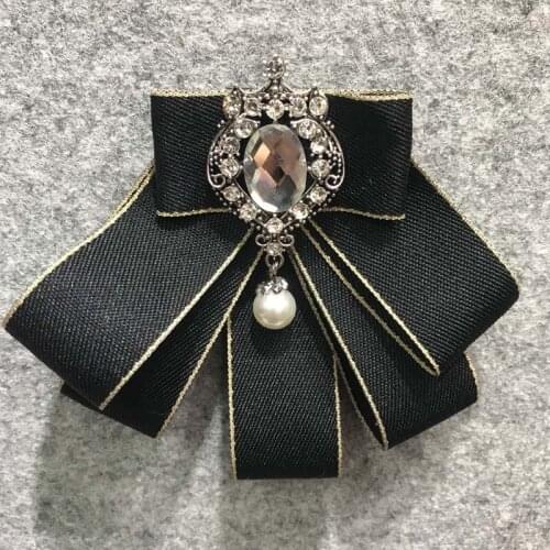 5Pcs Black Tie Bow Brooch Fabric Crystal Flower Pins And Brooches Accessories Ladie Bowtie Broaches Pin Badge For Women Men