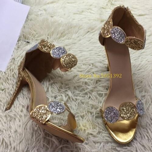 Glitter Sandals Zipper Stiletto High Heels Cover Heel Sequined Cloth Ankle Strap Bling Bling Round Shoes Ladies Runway Dress