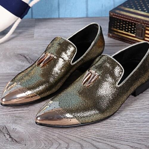 Christia Bella Fashion Golden Large Size Mens Loafers Shoes Party Dress Man Flats Shoes Real Leather Men Classic Slip on Shoes
