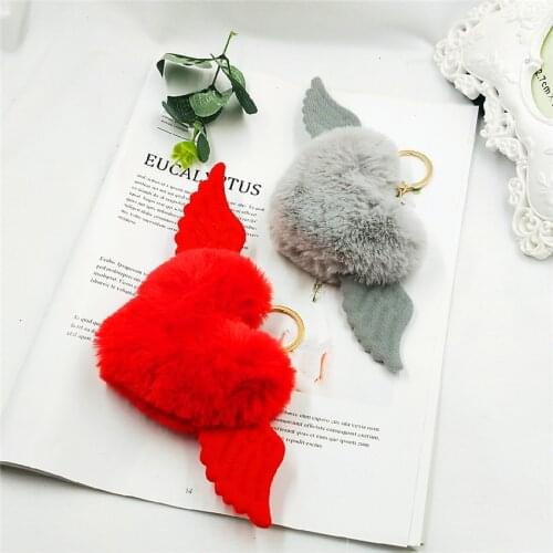 Color Pompom Faux Rabbit Fur Heart with Wing Keychains Crystal Letters Key Rings Key Holder Trendy Jewelry Bag Accessories Gifts