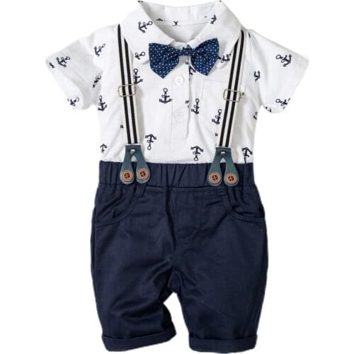 Infant Rompers Suit Baby Newborn Boy Clothes Cotton Iron Anchor Printed Top + Strap Shorts 3-24M Butterfly Bow Tie Kids Outwear