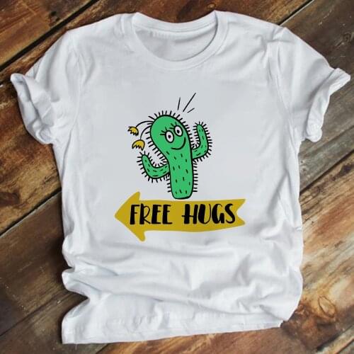 Kawaii Cactus Free Hugs Graphic T-shirt Love Female Leisucre T shirt Women dynamic Cartoon Top Camiseta Mujer Harajcku Tshirt