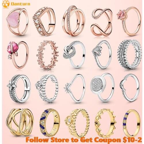 Danturn New 925 Sterling Silver Daisy Flower Crown Pink Wrapped Open Rings Original 925 Silver Women Rings Brand Jewelry Gift