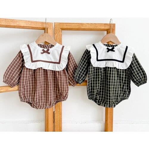 Spring Preppy Style Newborn Infant Baby Girls Grid Rompers Clothing Autumn Kids Girl Long Sleeve Rompers Clothes 0-3Yrs
