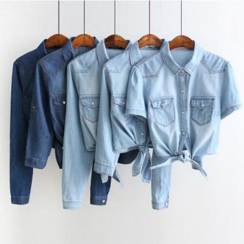 Summer Denim Shirts Ladies Shawl Cotton Jeans Shirt Sweep Tieclasps Lacing Women Blouse tops plus size 3XL