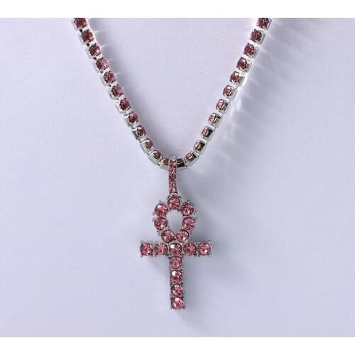 INS Trendy Ankh Cross Pendant 4MM Necklace For Women Men Pink Rhinestone Tennis Ankh Charms Tennis Chain Choker Statement Jewely