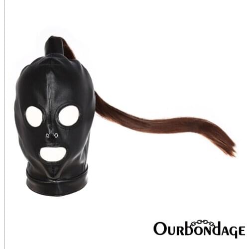 Ourbondage PU Leather Ninja Warriors Costume Head Restraints Harness Fully Hood Bondage BDSM for Men Women Sex Toys