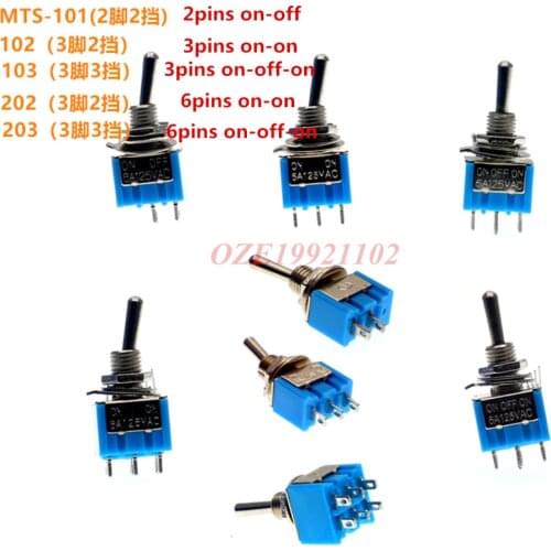 100PCS SPDT Latching Toggle Switch 6A 125V MTS-102 103 MTS-202 203 3A 250 AC Mini 3 6PIN ON-ON ON-OFF-ON Rocker Switches