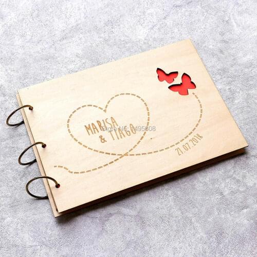 Personalized butterfly wedding Wooden Hearts Guest book Memory album engraved Alternative guestbooks birthday party favors