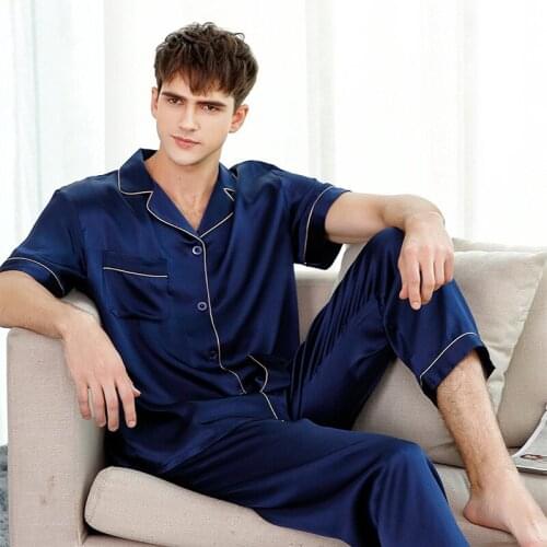 100 Silk pajamas suit men summer spring short-sleeved two-piece solid color Blue 100% silk home suit Sleepwear M L XL XXL
