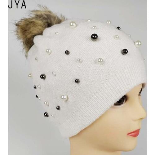 High Quality Faux Fur Pompom Solid Color Hat Knitted Cashmere Winter Hats for Women Fashion Elegant Female Autumn Casual Beanies