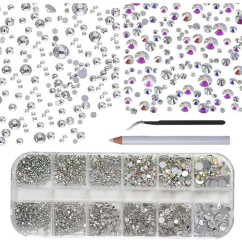 Mixed Colors 12 Grid 140-2000pcs AB Crystal Flat Back Rhinestone Diamond Gem 3D Glitter Nail Art Decoration for Nail Accessories