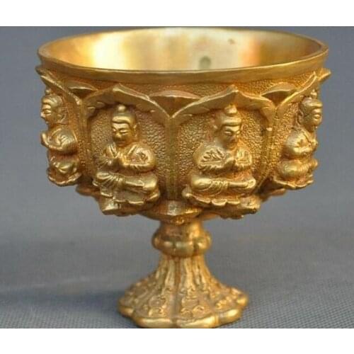 Old Chinese Bronze 24k gold Gilt Shakyamuni Buddha Statue Wine vessel Goblet Cup