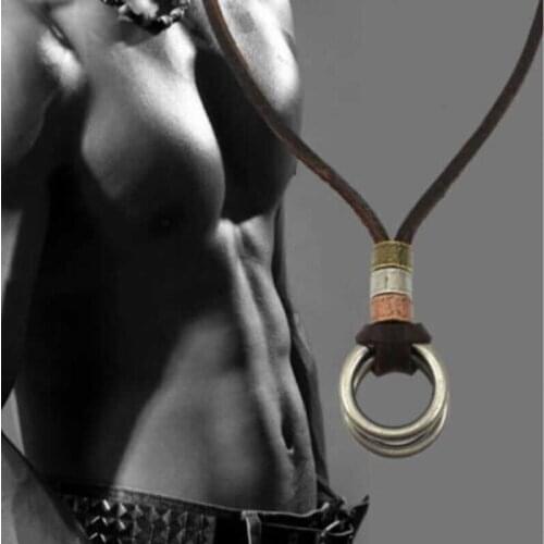 Vintage Mens Necklace Double Leather Jewelry Punk Gift Retro Cord Circle Pendant Necklace