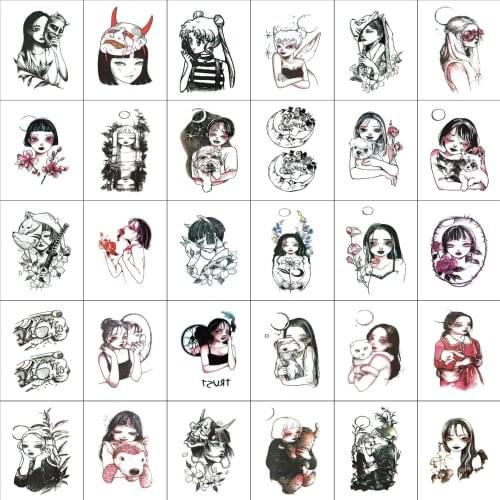 Dark Moon Waterproof Tattoo Sticker Japanese Geisha Sexy Tattoos Girls Cute Tattoo Creative Body Art Drawing Fake Stickers Small
