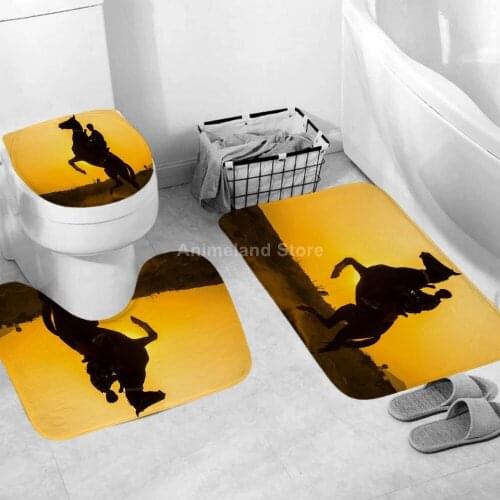 Yellow Black Horses Shower Curtain Animal Bathroom Curtain Bath Set Toilet Cover Mat Non-Slip Washroom Rug Set Modern 180x180cm