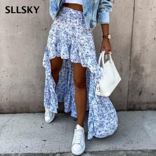 SLLSKY Summer High Waist Irregular Skirts Women Floral Print Elastic Waist Ruffles A-Line Long Skirt 2021 New Casual boho Beach