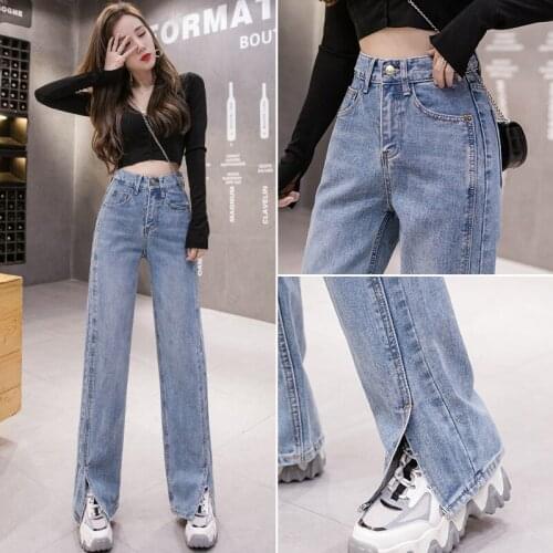 FNOCE 2020 new womens jeans pants fashion trends casual elegant solid high waist loose slim split denim full Wide Leg Pants