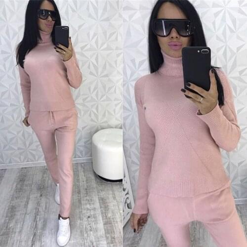 Pink Knitted Turtleneck Sweater Trousers Two Piece Set Autumn Winter Warm Suit Casual Long Sleeve Tracksuit Women Clothing Suits