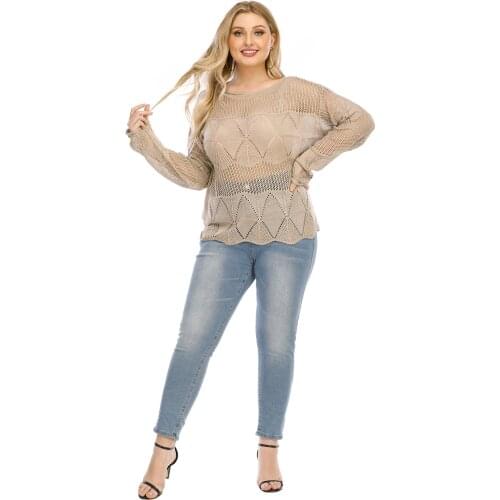 H80&S90 Hollow Out Knitted Sweater Women Plus Size Fashion O-Neck Long Sleeve Pullover Top Female Knitwear