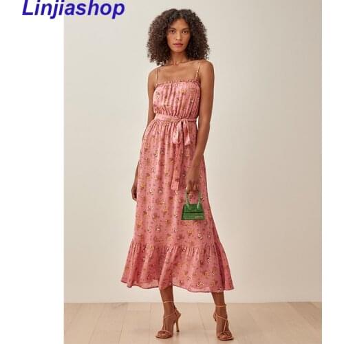 Sweet Floral Print Pink Sexy Sling Dress Women Elastic Waist With Belt Holiday Party Vestido Mujer Summer Chiffon Dress