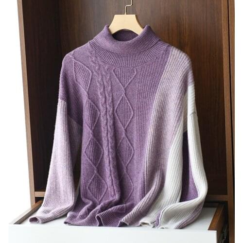 Zocept 2021 Fashion Cashmere Brand Turtleneck Sweater Women 100% Merino Wool Color Matching Pullovers Female Twist Argyle Jumper
